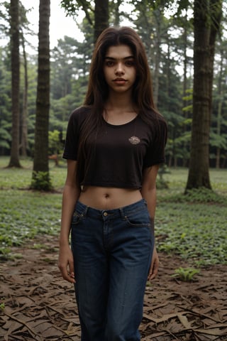 1girl, Kerala beautiful women 18 years old, solo, long hair, brown hair, shirt, t  shaped navel, outdoors, pants, sandals, denim, jeans,  photo background, black mask face 