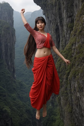 masterpiece , full body, (slightly smiling with closed mouth), parted bangs, long hair, twintails, dangle earrings),((anti-gravity in the air,l magic)), levitation ,Saree