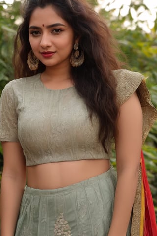 Generate hyper realistic image of a curvy playful curly hair wearing lehnga choli,in village, a sun-kissed complexion, and dressed in a boho floral maxi dress with fringe accessories. She teasingly poses with coffee in a sunlit and colorful garden.. up close,photorealistic,Realism, messy hair, only face,1girl