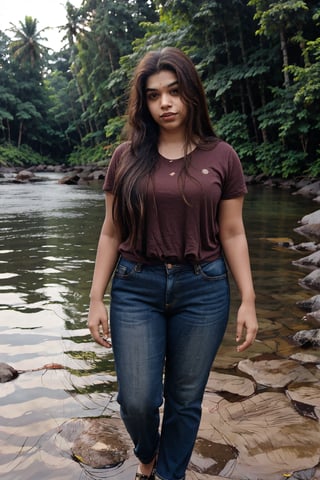 Woman, chubby_female, Kerala beautiful women 28 years old, solo, long hair, brown hair, shirt, outdoors, pants, sandals, denim, jeans,  photo background, 