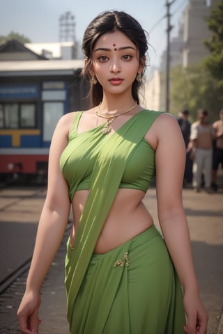 (Thrissur:1.3), (city, railway station, railway track, busy people), Raw photo of (25yo Kerala Beautiful young woman:1.1) (best quality, highres, ultra-detailed:1.2), vibrant colors, glowing dimond, glowing eyes, realistic Raw photo, realistic lighting,  (perfect saree)  exotic beauty, mesmerizing eyes, girl ,Thrissur,Sexy Pose,Styles Pose,1woman