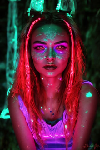 Portrait of a mystical fantasy bioluminescent neon woman. Glamorous fashionable lady. Glowing 
skin spot,  Glowing color,Glowing dots on face, neon lines on face, glowing multiple colour on eyeballs,25 year old girl 