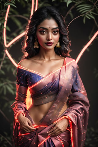 Portrait of a mystical fantasy bioluminescent neon woman. Glamorous fashionable lady in saree. Glowing, Glowing color,Glowing dots and line on body and skin, ,  high resolution 8k image quality,photorealistic,Saree ,NeonST2