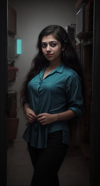 Cyberpunk, Neon glow, masterpiece, high resolution, best quality, 4k, 1girl, solo, beauty photo, amateur photo, 1girl, eye level, oversized button-up shirt, and hoop earrings, Teal-colored Flat ironed straight, stand pose in locker room,lighting,photorealistic,Curly girl ,redneonstyle,Rebecca ,Mallu girl 