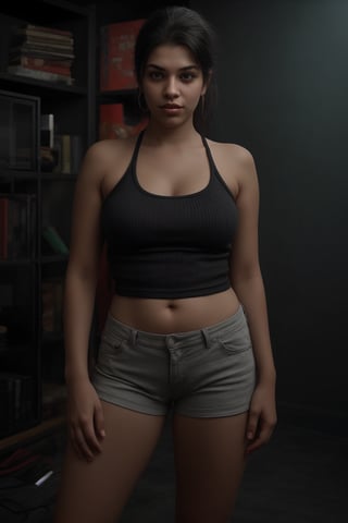 Busty, Tank top, plump, Cyberpunk, Neon glow, curvy women, masterpiece, high resolution,  long gown, best quality, 4k, plump face, 38 years old plump women, shorts,  hot pants, thick_hip, solo, beauty photo, amateur photo, skin texture:1, 1girl, eye level, and hoop earrings, red_teal_orange-colored Flat ironed straight, stand, room,lighting,photorealistic ,CyberpunkWorld, twin_tailscprebecca,27 year old ,Plump 