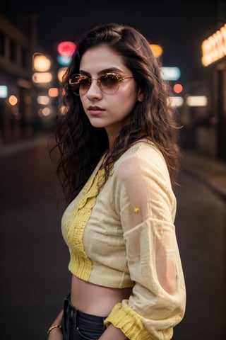 (highres,  realistic:1.2), portrait, beautiful face, gorgeous eyes, full lips, long dark hair, fashionable outfit, confident pose, stylish sunglasses, neon light, atmospheric cinematic background, vibrant colors, soft bokeh, artistic ambiance, subtle lighting, ,tall woman with yellow eyes