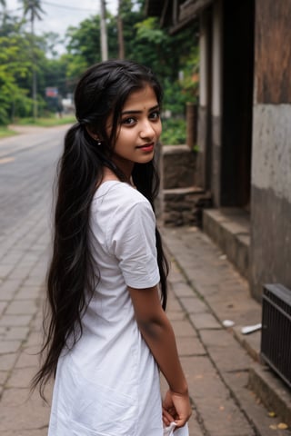 1girl, solo, long hair, black hair, twintails, jewelry, earrings, lips, realistic, beautiful mallu girl, 18 years old girl, outside, beautiful girl walking on the street 