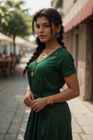 1girl, solo, long hair, smile, black hair, hair ornament, dress, jewelry, standing, braid, earrings, outdoors, day, dark skin, necklace, blurry, bracelet, dark-skinned female, cosplay, single braid, blurry background, facial mark, realistic, green shirt, photo background,Reshmi nair 