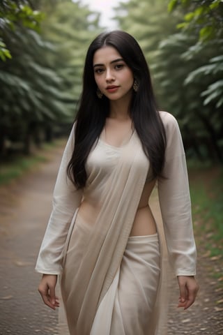 Saree, 1girl, solo, long hair, black hair, long sleeves, traditional , dress, jewelry, earrings, outdoors, blurry, looking to the side, purple dress, realistic,This breathtaking photograph, shot on a Canon 1DX with a 50 mm f/2.8 lens, beautifully showcases the raw and authentic beauty of life. high resolution 8k image quality,Saree,<lora:659111690174031528:1.0>
