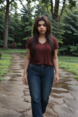 Woman, chubby_female, Kerala beautiful women 28 years old, solo, long hair, brown hair, shirt, outdoors, pants, sandals, denim, jeans,  photo background, 