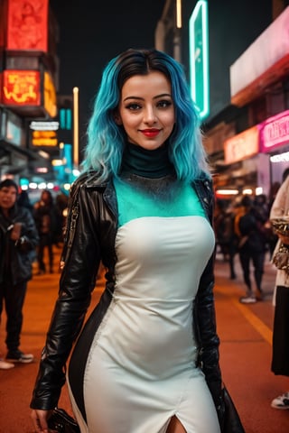 detailed eyes, dry skin, skin fuzz, visible skin hair, skin blemishes, extremely sexy, bright clothes, european woman, lustful look, short and long curly hair, sensual smile, spitline in mouth, tongue tip out of mouth, tongue between teeth, like before a kiss, few cute freckles, dramatic blue key light, cyberpunk aesthetic, photo of beautiful young cute cyberpunk lady, cibi, babyface, glowing eyes, extreme cyberpunk haircut, huge smile showing teeth, dying of laughter, laughing out loud, perfect teeth, replicant, fake skin, human sinlike texture, a woman with beautiful hair, lots of colored zips, high tech cyberpunk attire, dressed in leather and neon lights, lineson clothes, shadows on clothes, bump mapping, light dots on clothes,no lipstick,  glossy lips, as a movie star in a (movie premiere), premiere gala, (near a movie theatre), natural skin texture, (sexy tight white sheer mesh turtleneck dress), 24mm, 4k textures, soft cinematic light, adobe lightroom, photolab, hdr, intricate, elegant, highly detailed, sharp focus, ((((cinematic look)))), soothing tones, insane details, intricate details, hyperdetailed, low contrast, soft cinematic light, exposure blend, hdr, faded, (paparazzi in background), (painted lips:1.1), ((looking at camera:1.1)), lasers shooting in the background.,ridingsexscene,z1l4,Movie Still,westworld,b3rli,Epicrealism,blurry_light_background,Neon Light,Milf,1girl