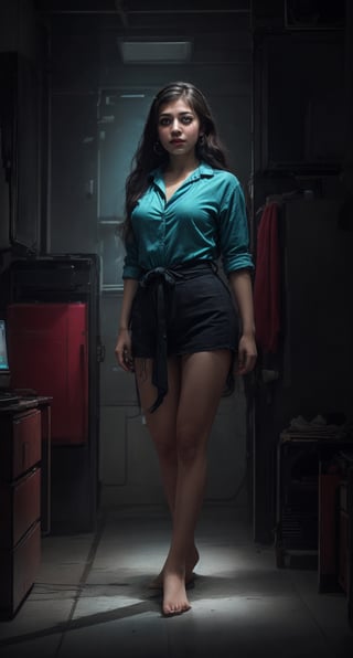 Cyberpunk, Neon glow, high resolution, best quality, 4k, 1girl, solo, beauty photo, amateur photo, 1girl, eye level, oversized button-up shirt, and hoop earrings, Teal-colored Flat ironed straight, stand pose in locker room,lighting,photorealistic,redneonstyle,Rebecca ,Mallu girl 