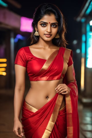 Raw photo of (25yo Kerala Beautiful young woman:1.1) (best quality, highres, ultra-detailed:1.2), vibrant colors, glowing dimond, glowing eyes, realistic Raw photo, realistic lighting, traditional Red saree,  exotic beauty, mesmerizing eyes, girl ,Thrissur