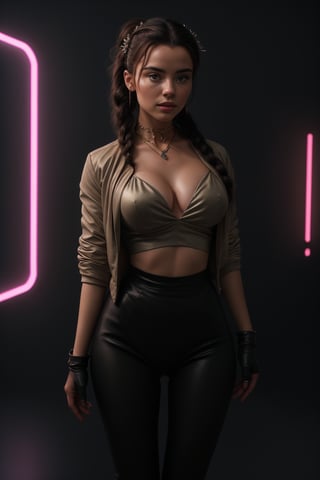 A 25-year-old woman with a fit body and muscular,  six pack abs, dark hair adorned with a hair ornament, stands solo in a futuristic room illuminated by neon lights. Her brown eyes lock onto the viewer as she wears a designer blouse and jacket, paired with a turtle-neck sweater underneath. A braided ponytail flows down her back, and her plump lips curve into a subtle smile. She's dressed in a long skirt, black high-waisted pants, and a bioluminescent dress that glows softly. Her navel is exposed, and she wears a necklace, earrings, and ring. The camera captures her looking directly at us, with a realistic, photorealistic focus on her features.,Fit body