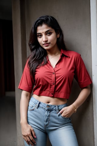 There a girl isma young hot beautiful hsdan girl Wearing red Shirt and Jeans, hot looks face features like Indian actress, summer look Standing locking into the camera, portrait causal phets ResPurtrat,27 year old girl