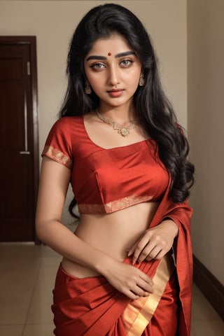 Raw photo of (25yo Kerala Beautiful young woman:1.1) (best quality, highres, ultra-detailed:1.2), vibrant colors, glowing dimond, glowing eyes, realistic Raw photo, realistic lighting, traditional Red saree,  exotic beauty, mesmerizing eyes, girl ,Thrissur,Mallu