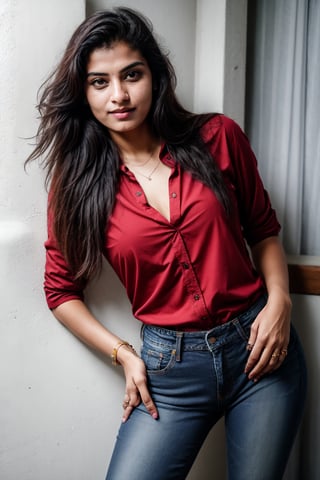 There a girl isma young hot beautiful hsdan girl Wearing red Shirt and Jeans, hot looks face features like Kama Kaif, summer look Standing locking into the camera, portrait causal phets ResPurtrat,27 year old girl