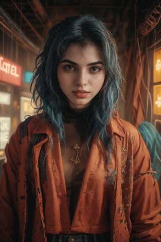 Here's a high-quality, coherent, and photorealistic , A 25-year-old woman with long, blue hair adorned with a hair ornament, stands solo in a futuristic room bathed in neon lights. She wears a designer blouse and jacket combo, paired with a turtle-neck sweater underneath. ,