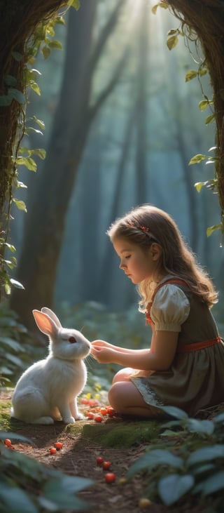 The scene opens in a whimsical forest glade, where a young girl sits beneath a towering bittersweet vine, its vibrant orange and red berries dangling like jewels. She cradles a small, fluffy bunny in her arms, its fur as white as fresh fallen snow. In the background, a milky mist blankets the forest, adding an ethereal glow to the scene. Rays of sunlight filter through the canopy above, casting dappled shadows on the forest floor. The girl's eyes sparkle with curiosity and wonder as she gazes at the bunny, lost in a world of enchantment