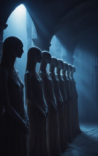 An eerie scene of mannequin heads with unnaturally long, slender necks, lined up in a row with threads sewn through their seams, casting shadowy silhouettes under a dim light in a deserted attic. in an ancient civilization, surrealist style, fantastical, magical, unexpected, super detail, dreamy lo-fi photography, colorful, vintage photo, epic realism, highly detailed, high quality, baroque, abstract art, rich textures, wide shot, sharp focus, high detail, 4k, masterpiece, photo, digital art, fantasy, the dark crystal movie style, side angle, low angle photograph, moonlit, backlit, spooky vibe ,LegendDarkFantasy