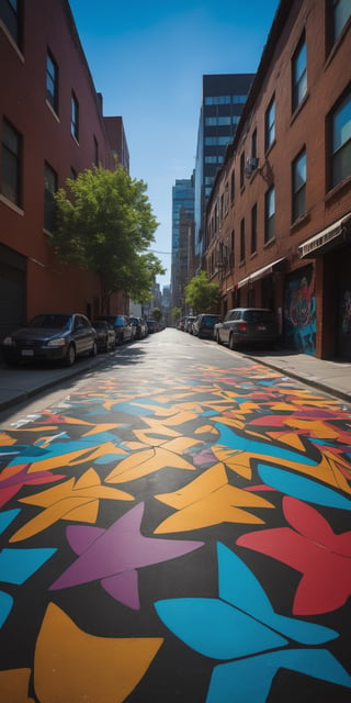 A series of dynamic and colorful street art murals adorning the walls of a lively urban alleyway, showcasing a blend of abstract shapes, intricate portraits, and mesmerizing geometric patterns. The scene is captured from a unique low angle, creating dramatic shadows and emphasizing the vibrant contrast of colors. The high-definition photograph brings out every detail, immersing viewers in the artistic essence of the bustling cityscape.,real_booster,No keyword