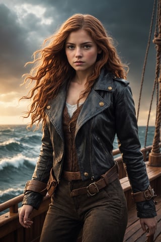 A brave young girl with long, flowing curly auburn hair fearlessly commands a wooden ship's rudder during a fierce storm at sea. Her classic black leather moto jacket emphasizes her unwavering leadership, her expression steely as she guides the vessel through tumultuous waters beneath a dramatic, stormy sky, highlighting her indomitable strength and resilience in the face of adversity. medieval castle, in space scene, cinematic, epic realism,8K, highly detailed, vintage photo, epic realism, highly detailed, high quality, baroque, lifestyle photography, candid, realistic, epic realism, rich textures, wide shot, sharp focus, high detail, 4k, masterpiece, photo, digital art, fantasy, the dark crystal movie style, over the shoulder shot, tiltshift, colorful lighting, backlit, golden hour lighting, spooky vibe 