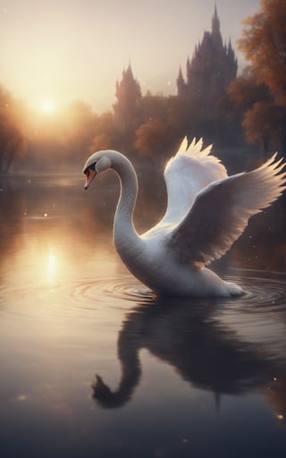 A graceful white swan elegantly gliding across a calm, reflective lake during a stunning sunset, showcasing its majestic movements while the golden hour lighting enhances its beauty, creating a serene and tranquil atmosphere in this high resolution image. in a park, cinematic, epic realism,8K, highly detailed, lifestyle photography, candid, realistic, epic realism, rich textures, wide shot, sharp focus, high detail, 4k, masterpiece, photo, digital art, fantasy, the dark crystal movie style, low angle photograph, tilt shift, side angle, colorful lighting, backlit, dreamy vibe 
