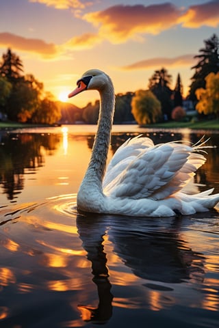 A graceful white swan elegantly gliding across a calm, reflective lake during a stunning sunset, showcasing its majestic movements while the golden hour lighting enhances its beauty, creating a serene and tranquil atmosphere in this high resolution image. in a park, cinematic, epic realism,8K, highly detailed, lifestyle photography, candid, realistic, epic realism, rich textures, wide shot, sharp focus, high detail, 4k, masterpiece, photo, digital art, fantasy, the dark crystal movie style, low angle photograph, tilt shift, side angle, colorful lighting, backlit, dreamy vibe 