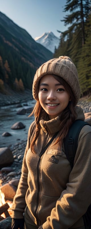 1 woman ((upper body selfie, happy)), masterpiece, best quality, ultra-detailed, solo, outdoors, (night), mountains, nature, (stars, moon) cheerful, happy, backpack, sleeping bag, camping stove, water bottle, mountain boots, gloves, sweater, hat, flashlight, forest, rocks, river, wood, smoke, shadows, contrast, clear sky, analog style (look at viewer:1.2) (skin texture) (film grain:1.3), (warm hue, warm tone:1.2), close up, cinematic light, sidelighting, ultra high res, best shadow, RAW, upper body, wearing pullover