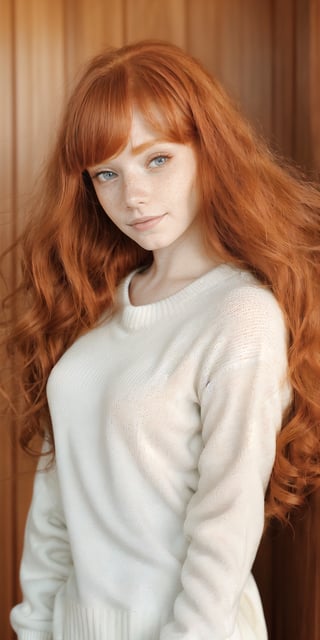 a woman with red hair and blue eyes wearing a sweater, ginger hair with freckles, red hair and freckles, redhead girl, she is redhead, beautiful redhead woman, redhead woman, red head, flowing ginger hair, ginger hair and fur, ginger hair, freckled, ginger wavy hair, with freckles, red hair and attractive features, elegant freckles, freckles