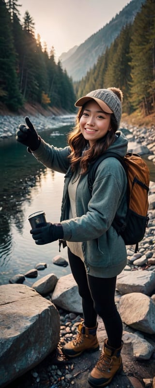 1 woman ((upper body selfie, happy)), masterpiece, best quality, ultra-detailed, solo, outdoors, (night), mountains, nature, (stars, moon) cheerful, happy, backpack, sleeping bag, camping stove, water bottle, mountain boots, gloves, sweater, hat, flashlight, forest, rocks, river, wood, smoke, shadows, contrast, clear sky, analog style (look at viewer:1.2) (skin texture) (film grain:1.3), (warm hue, warm tone:1.2), close up, cinematic light, sidelighting, ultra high res, best shadow, RAW, upper body, wearing pullover