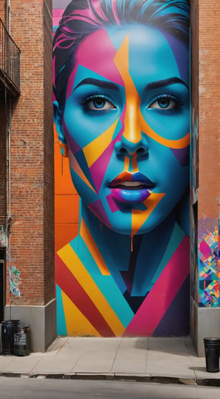 A series of dynamic and colorful street art murals adorning the walls of a lively urban alleyway, showcasing a blend of abstract shapes, intricate portraits, and mesmerizing geometric patterns. The scene is captured from a unique low angle, creating dramatic shadows and emphasizing the vibrant contrast of colors. The high-definition photograph brings out every detail, immersing viewers in the artistic essence of the bustling cityscape.,