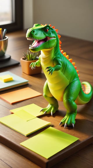 A vivid lime green T-Rex toy delicately balanced on a cluttered desk under a warm, soft ivory spotlight, casting detailed shadows on the glossy oak surface. Bright and colorful sticky notes scatter around, bringing bursts of color. The close-up shot captures the finely detailed texture of the dinosaur's scales, emphasizing its charming and lively character with meticulous precision.