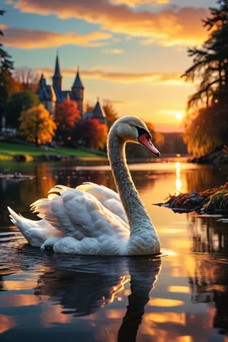 A graceful white swan elegantly gliding across a calm, reflective lake during a stunning sunset, showcasing its majestic movements while the golden hour lighting enhances its beauty, creating a serene and tranquil atmosphere in this high resolution image. in a park, cinematic, epic realism,8K, highly detailed, lifestyle photography, candid, realistic, epic realism, rich textures, wide shot, sharp focus, high detail, 4k, masterpiece, photo, digital art, fantasy, the dark crystal movie style, low angle photograph, tilt shift, side angle, colorful lighting, backlit, dreamy vibe 