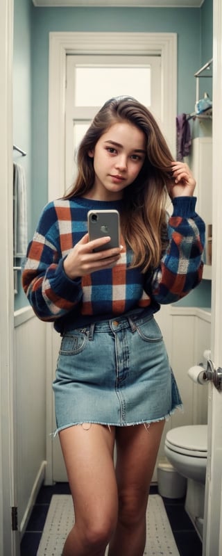 A 16-year-old teenage girl with a youthful beauty, Y2K fashion sense, wearing a stylish plaid sweater, and denim skirt, captured in a candid moment taking a selfie in a bathroom. The image, shot from a top-down angle, exudes raw and genuine vibes, perfectly encapsulating the essence of modern teen life. Enhanced with natural lighting accentuating her features, and an artsy filter giving it a vintage touch, showcasing a private moment of youth embracing fashion trends.