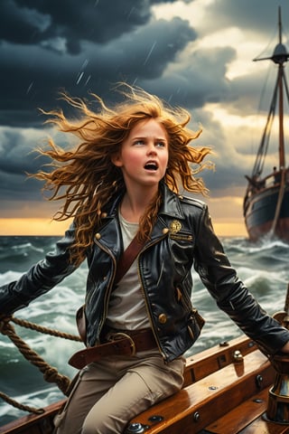 A brave young girl with long, flowing curly auburn hair fearlessly commands a wooden ship's rudder during a fierce storm at sea. Her classic black leather moto jacket emphasizes her unwavering leadership, her expression steely as she guides the vessel through tumultuous waters beneath a dramatic, stormy sky, highlighting her indomitable strength and resilience in the face of adversity. medieval castle, in space scene, cinematic, epic realism,8K, highly detailed, vintage photo, epic realism, highly detailed, high quality, baroque, lifestyle photography, candid, realistic, epic realism, rich textures, wide shot, sharp focus, high detail, 4k, masterpiece, photo, digital art, fantasy, the dark crystal movie style, over the shoulder shot, tiltshift, colorful lighting, backlit, golden hour lighting, spooky vibe