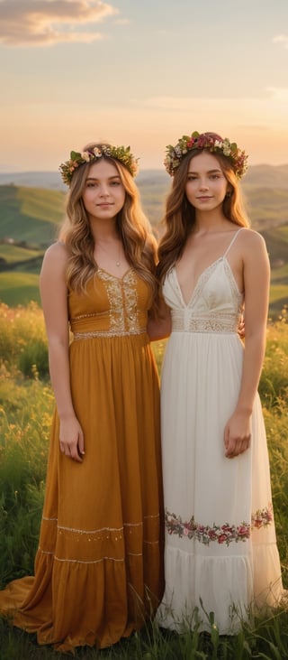 masterpiece, best quality, ultra-detailed,A high definition and a hige resolutions photography of  ,Two teenage girls in bohemian attire, wearing delicate flower crowns, stand gracefully on a lush green hill during golden hour. Their harmonious melodies blend with the soft breeze as the setting sun casts a warm, enchanting glow over the picturesque rolling hills. The scene exudes a carefree, whimsical vibe, seamlessly combining nature's beauty with the sweet sounds of their impromptu concert, all captured in stunning high-definition clarity, evoking a magical and serene atmosphere.