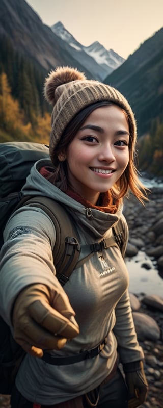 1 woman ((upper body selfie, happy)), masterpiece, best quality, ultra-detailed, solo, outdoors, (night), mountains, nature, (stars, moon) cheerful, happy, backpack, sleeping bag, camping stove, water bottle, mountain boots, gloves, sweater, hat, flashlight, forest, rocks, river, wood, smoke, shadows, contrast, clear sky, analog style (look at viewer:1.2) (skin texture) (film grain:1.3), (warm hue, warm tone:1.2), close up, cinematic light, sidelighting, ultra high res, best shadow, RAW, upper body, wearing pullover