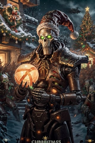 Masterpiece, uhd, 8k, best quality sci-poster of a Necron Lord in Santa hat, (long ornate staff) in his hand, headband, green eyes, glowing eyes, armor, robot, glowing snow orb in his other hand, Christmas costume, Christmas lights, Christmas decorations, Christmas tree, surrounded by necrons, (necron army:1.3), rifles, alien planet, egyptian style futuristic ruins, Warhammer 40k,Santa Claus,Santa hat