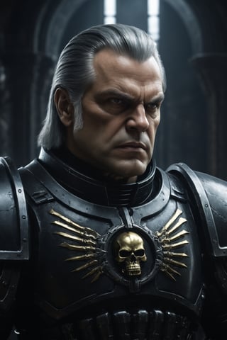 uhd, 8k, masterpiece, highly detailed sharp sci-fi poster, oil on canvas, (hyperdetailed:1.3), 41th millenium, Warhammer 40k, WH40k, cinematic movie still of an angry, muscular male Inquisitor in a gothic castle in the far future, (visible face:1.3), black gloves, (holding gun, ornate bolter:1.2), determined face, (scars from old battles), short hair, stubble, grey clothing, in heavy black power armor, black knight power armor, (metal skull decoration on armor), (extremely thin, sunken face:1.3), (german angular facial features), highly intelligent, angry, paranoid, suspicious, real shadows, reflections, absurdres, award winning, trending on Artstation, (concept art:1.3), (painting, digital painting:1.3), by Greg Rutkowsky, H.R. Giger, Michelangelo, Raffaello, contrast, sharpness, absurdres, intricate, (dark pastel colors, film noir atmosphere), horror, dread, perfect hands, detailmaster2,photo r3al, cinematic scene, dynamic, poster,more detail XL,SpaceMarine1024,real,reallife