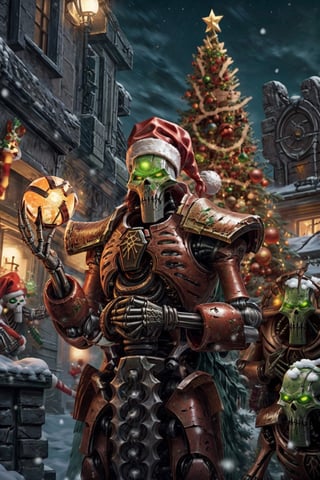 Masterpiece, uhd, 8k, best quality sci-poster of a Necron Lord in Santa hat, (long ornate staff) in his hand, headband, green eyes, glowing eyes, armor, robot, glowing snow orb in his other hand, glowing necron symbol, Christmas costume, Christmas lights, Christmas decorations, Christmas tree, surrounded by necrons, (necron army:1.3), rifles, alien planet, egyptian style futuristic ruins, Warhammer 40k,Santa Claus,Santa hat