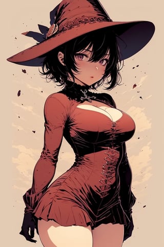 GoodHands-vanilla:0.7, (masterpiece, 4k, best quality:1.2, ((cowboy shot)), best quality:1.2, NICE HANDS, COLORFUL, (perfect hands, perfect anatomy)), megumin, short hair, dress, red dress, hat, witch hat, belt, ((simple background, black background)), ((small breasts, big hips, cleavage, looking at the viewer, tight clothtes))