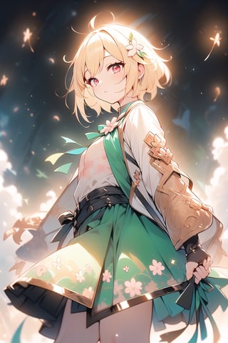 vibrant colors, female, masterpiece, sharp focus, best quality, depth of field, cinematic lighting, ((solo, one woman )), (illustration, 8k CG, (extremely detailed), masterpiece, ultra-detailed, a girl with short blonde hair and red eyes, a white  jacket with floral motifs, skirts,and a yellow t-shirt, amidst a background composed of fantastic elements sakura trees, clouds, ,light,firefliesfireflies,detail,green theme,1 girl