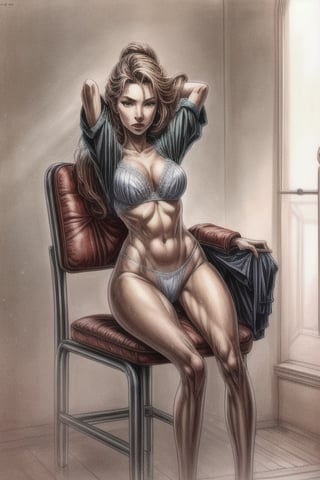  A pretty girl in underwear sit on chair head resting on fist
