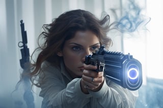 there is a woman kneeling down with a pistol in her hand, a screenshot inspired by Jules Chéret, trending on cg society, digital art, combat scene, edgy adventure sci fi, depicted as a scifi scene, in game capture 3d render, combat pose, sci fi female character, action scene screenshot, sci - fi scene, posing for a fight intricate