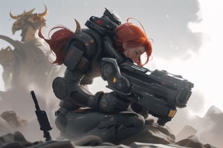 Low angle shot from behind, of a red-haired woman kneeling, a pistol in each hand, aiming at a minotaur running in the background, in a spaceship, science fiction, cinematographic