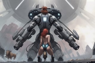 Low angle shot from behind, of a red-haired woman kneeling, a pistol in each hand, aiming at a minotaur running in the background, in a spaceship, science fiction, cinematographic