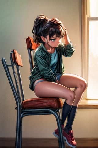  A pretty girl in underwear sit on chair head resting on fist