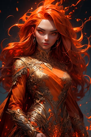This (realistic fantasy) art contains embers, real flames, real heat, and realistic fire. Generate a masterpiece artwork of a petite female fire druid with large (((orange and gold))) eyes. The fire druid is awe-inspiring with beautiful ((realistic fiery eyes)) alight with confidence and power. Her features are elegant and well defined, with ((soft)) and (((puffy))) and (((smooth))) lips, elven bone structure, and realistic shading. Her eyes are important and should be the focal point of this artwork, with ((extremely realistic details, macro details, and shimmer.)) She is wearing a billowing and glittering gown ((made of realistic flames)) and jewels that glimmer in the fire light. Wisps of fire and smoke line the intricate bodice of the dress. Include bumps, stones, fiery iridescence, glowing embers, silk and satin and leather, an interesting background, and heavy fantasy elements. Camera: Utilize dynamic composition techniques to enhance the realistic flames.,r1ge,3DMM,(FlamePrincess)