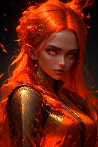 This (realistic fantasy) art contains embers, real flames, real heat, and realistic fire. Generate a masterpiece artwork of a petite female fire druid with large (((orange and gold))) eyes. The fire druid is awe-inspiring with beautiful ((realistic fiery eyes)) alight with confidence and power. Her features are elegant and well defined, with ((soft)) and (((puffy))) and (((smooth))) lips, elven bone structure, and realistic shading. Her eyes are important and should be the focal point of this artwork, with ((extremely realistic details, macro details, and shimmer.)) She is wearing a billowing and glittering gown ((made of realistic flames)) and jewels that glimmer in the fire light. Wisps of fire and smoke line the intricate bodice of the dress. Include bumps, stones, fiery iridescence, glowing embers, silk and satin and leather, an interesting background, and heavy fantasy elements. Camera: Utilize dynamic composition techniques to enhance the realistic flames.,r1ge,3DMM,(FlamePrincess)